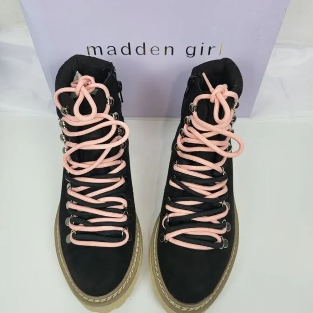 Madden Girl‎ Tipper Rugged Style Pink Lace-up Hiker Ankle Boots Black 7 Women